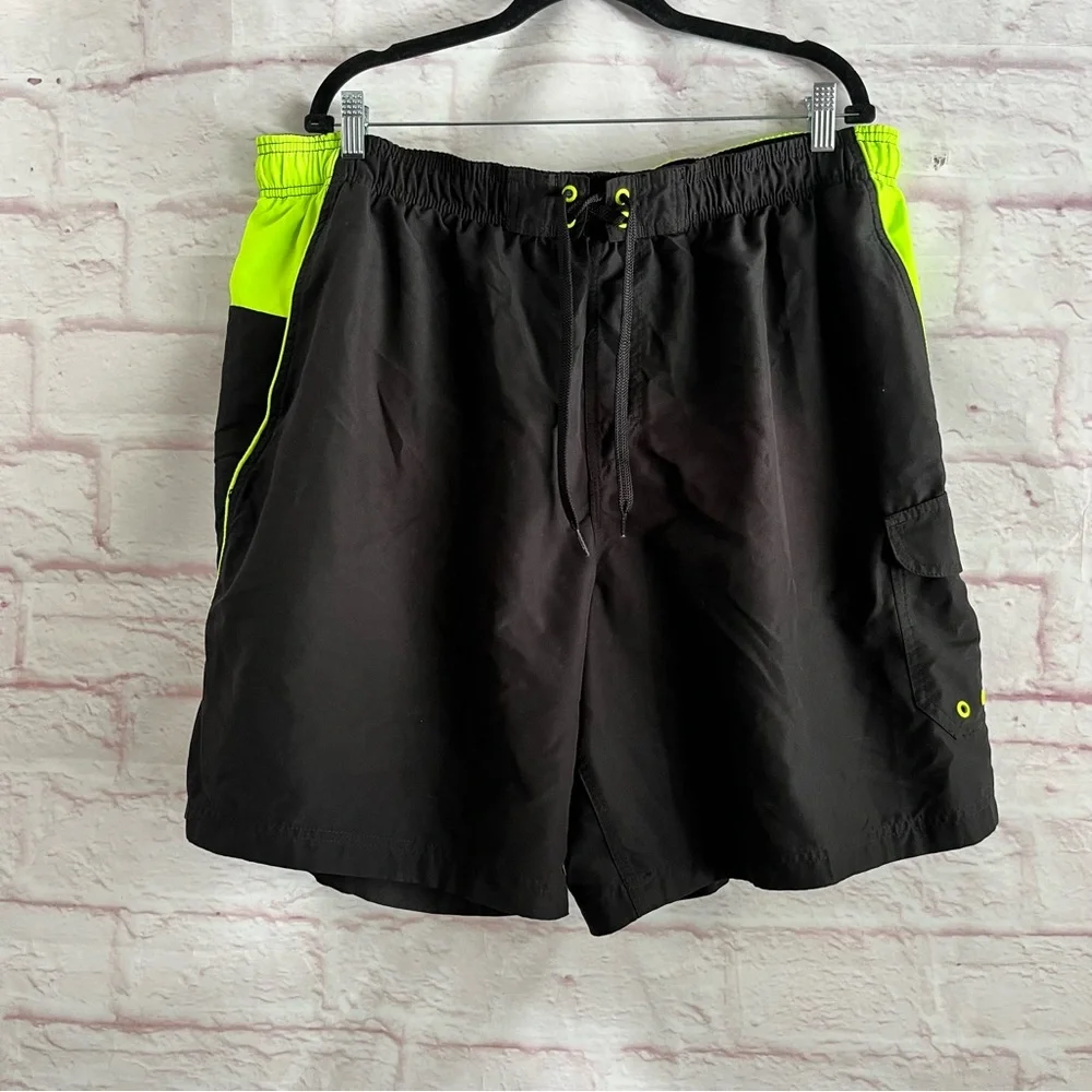 Speedo Black and Neon Green Mesh Swim Trunks Pocket Size XXL 2X Beach Pool